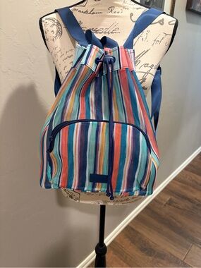 Vera Bradley Multicolor Striped Drawstring Backpack with Navy Trim